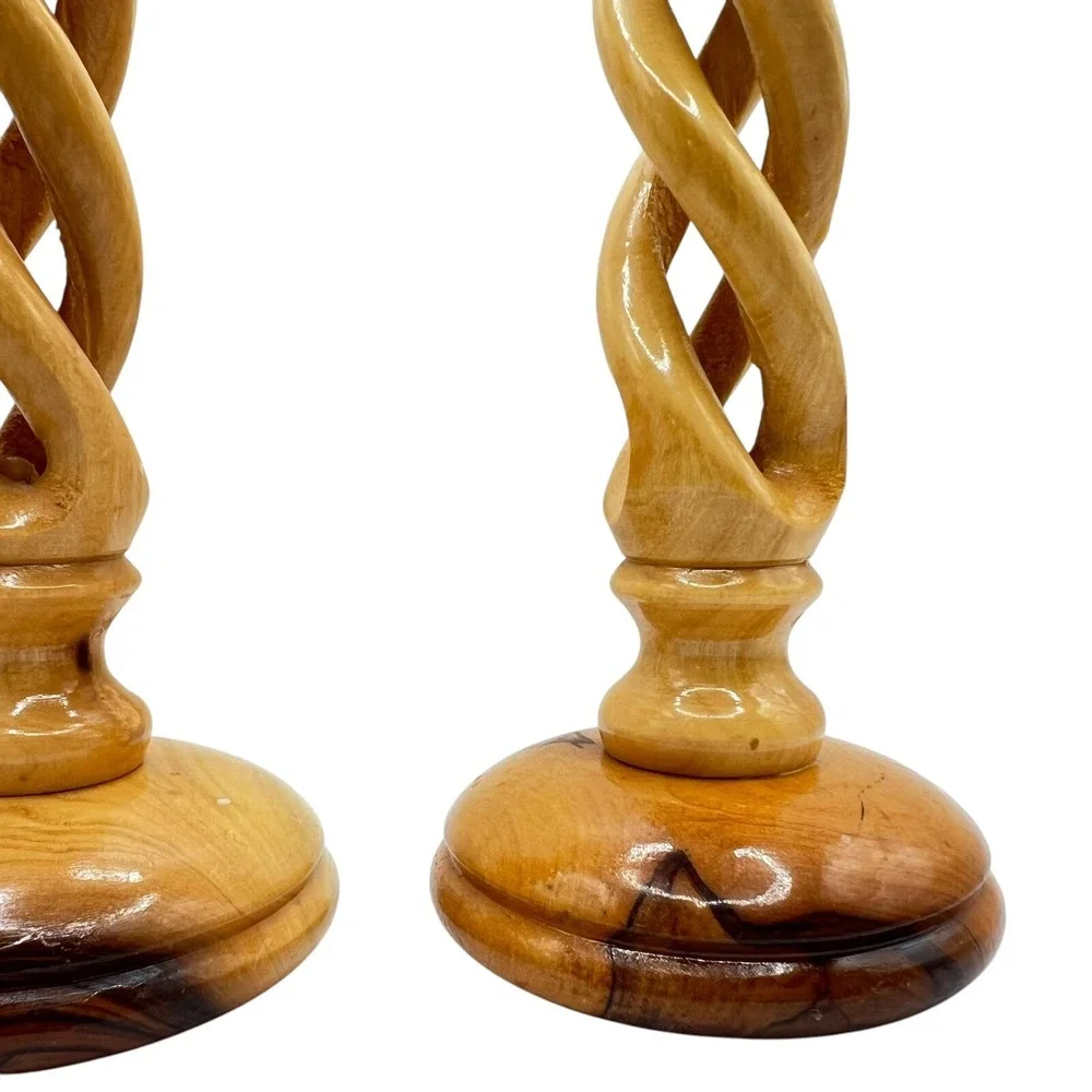 Vintage Candlestick Holders Olive Wood Twisted Spiral 9